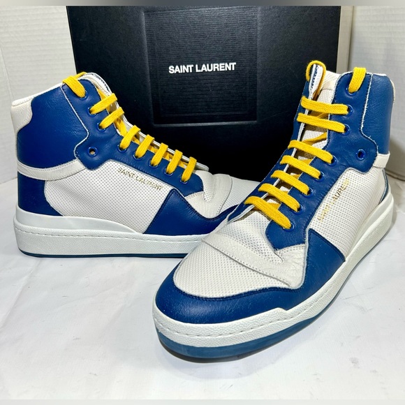 NEW SAINT LAURENT YSL SL/24 LEATHER SNEAKERS MID TOP WHITE BLUE SZ 42 61… - Picture 4 of 16